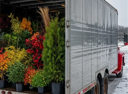 Plants in the back of a truck during winter time