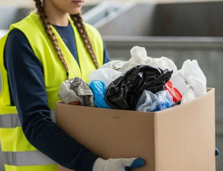 A woman handling a box of recyclable material and waste