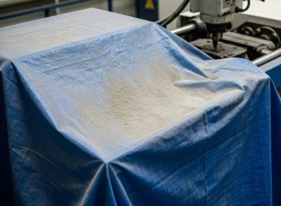 AI image of a tarp protecting an injection molding machine from dust.
