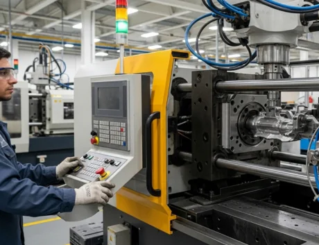 An AI image of a worker operating an injection molding machine