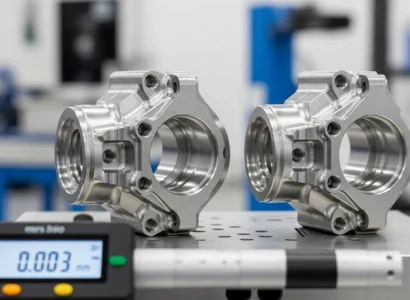 two identical parts a CNC made sitting on a work table