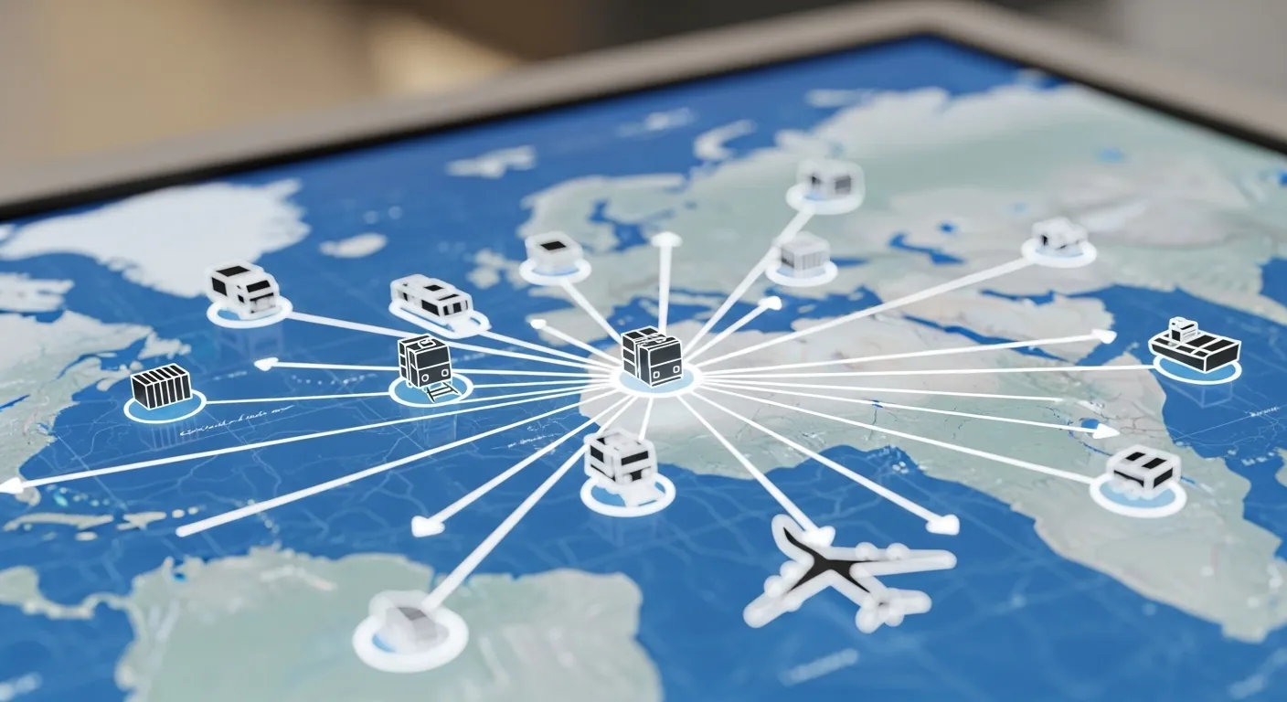 Global logistics network map with icons for trucks, ships, planes, and warehouses connected by lines representing worldwide supply chain routes