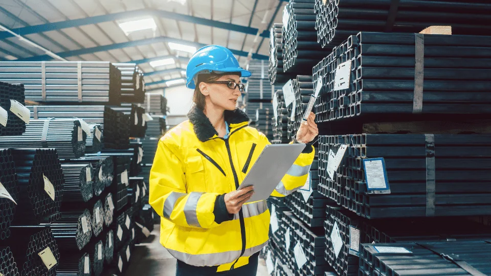 Female worker checking steel inventory in warehouse