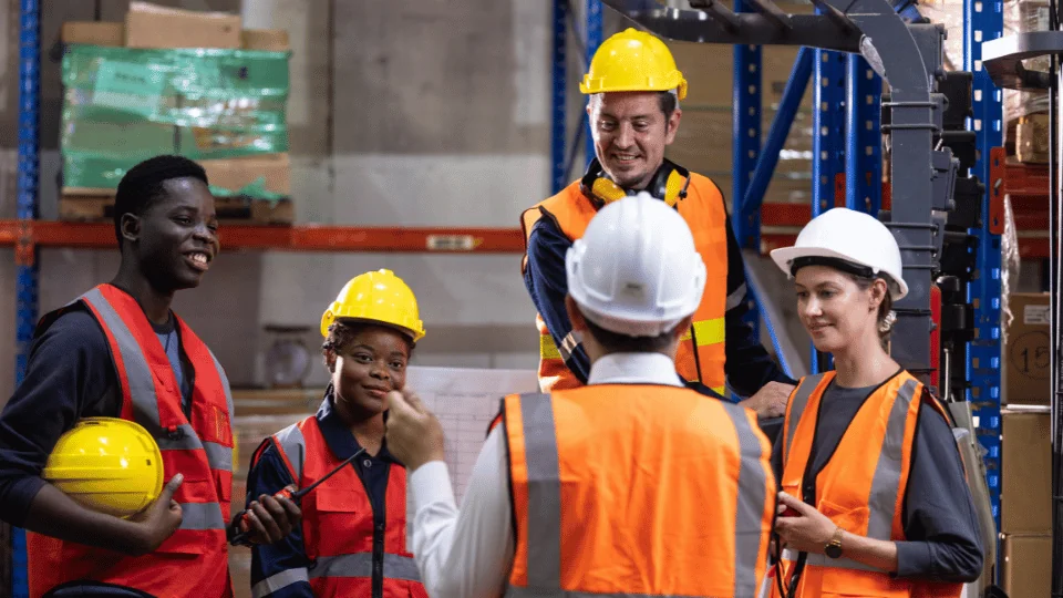 Warehouse team members discussing productivity.
