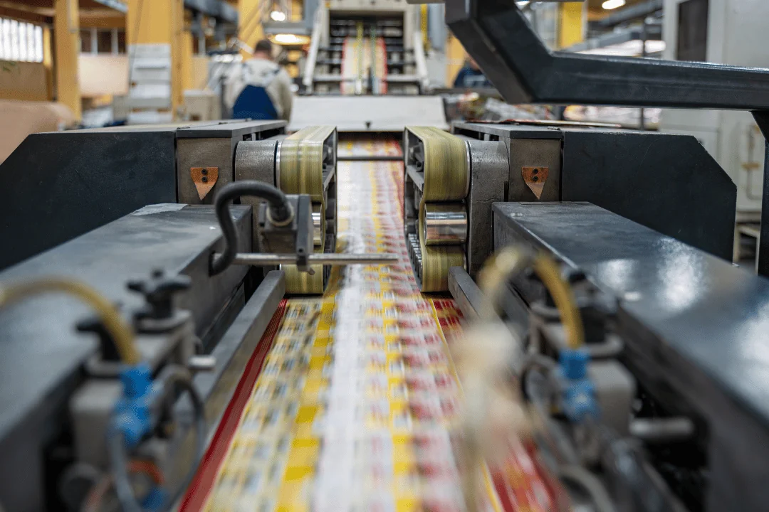 Printing Press Shipping labels rolling down industrial scale printing press