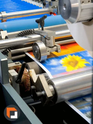 posters being rolled in printing press