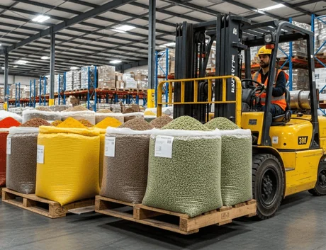 AI image of a warehouse working moving spices in bulk via a forklift