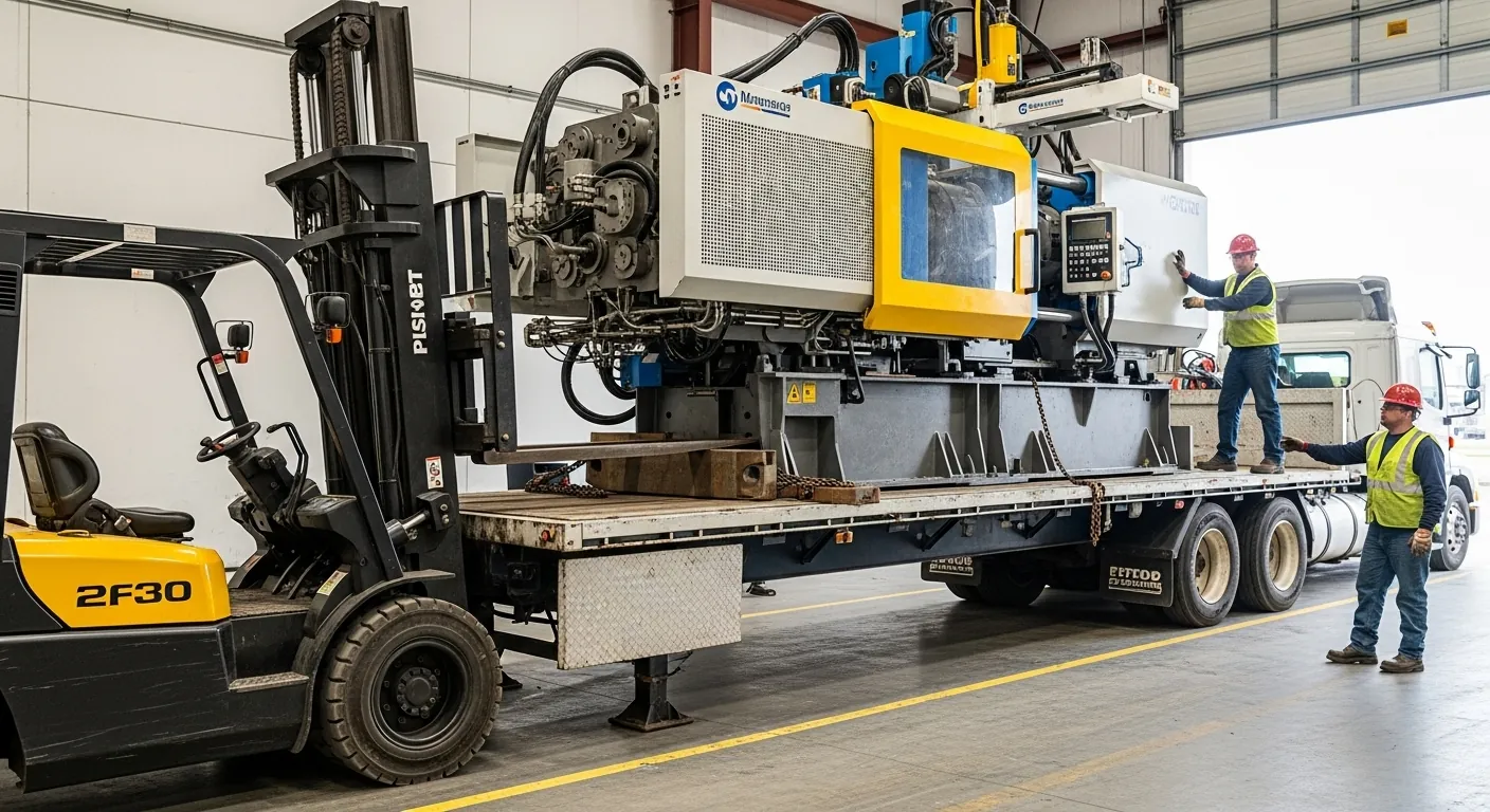 AI image of warehouse workers loading an injection molding machine onto a flatbed.