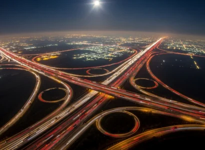 aerial view of highway at night