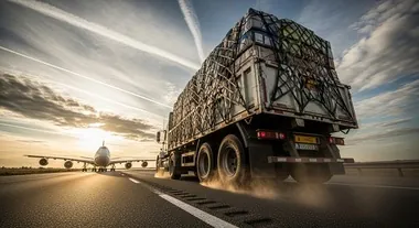 airplane and a truck on a runway