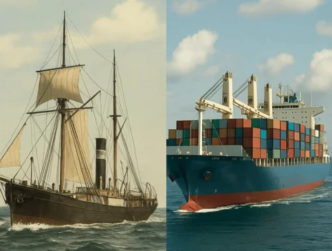 Side-by-side comparison of an old sailing steamship and a modern cargo container ship