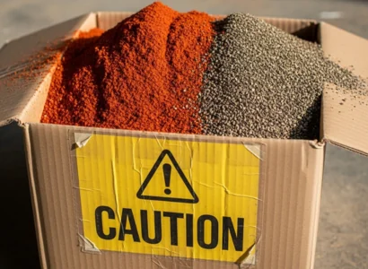 AI image of chili powder in pepper in a shipping box labeled caution