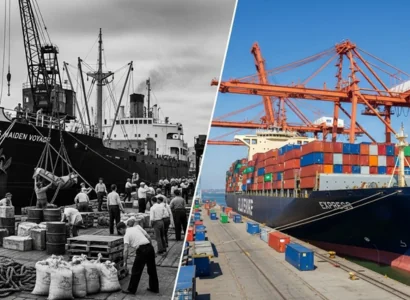 split image of a container ship being loaded in 1950 and today
