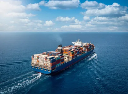 A large container cargo ship travels over calm, blue ocean