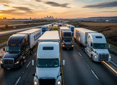 line of semi trucks driving on highway