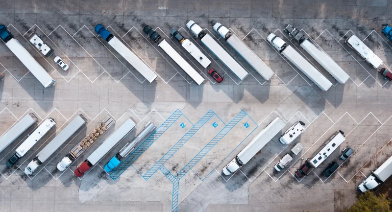 overhead view of trucks parked