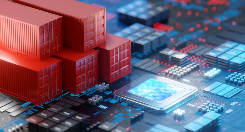 Container and chipset on circuit board for semiconductor industry, 3d rendering