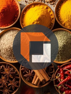 Various spices in bulk with the FreightCenter logo in the center.
