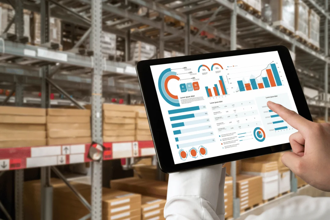 Party logistics from 1 to 5 hand touching a tablet with data analytics on it in a warehouse