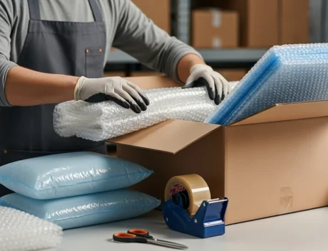 AI image of a warehouse working packaging plastic packaging materials