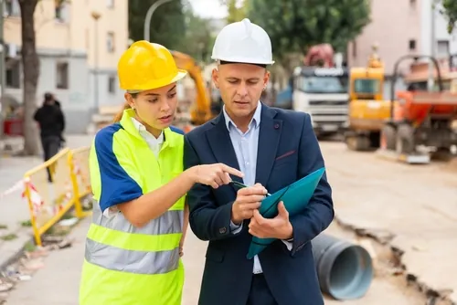 SM construction workers talking over documents