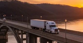 A semi truck crossing over a bridge