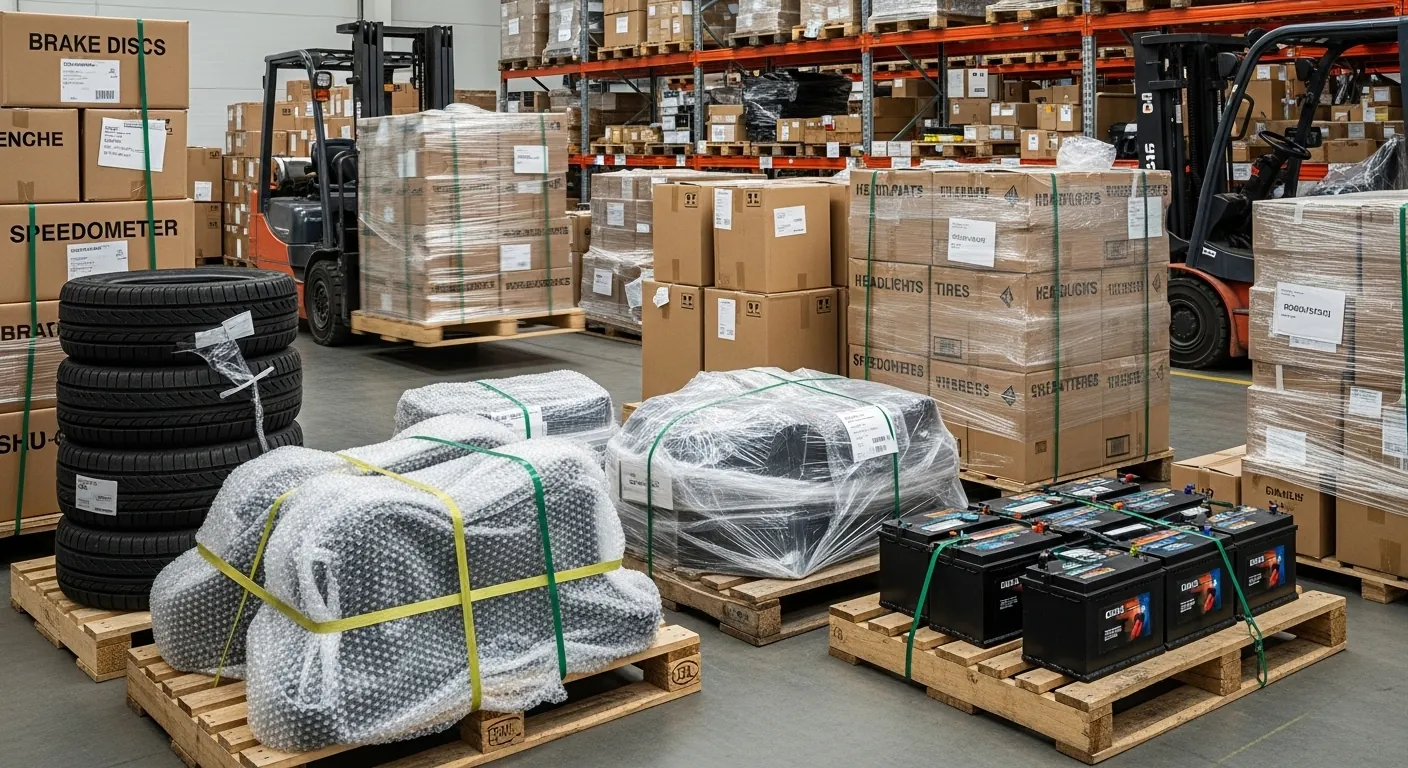 AI image of packaged auto parts . Shipping automotive components and accessories.