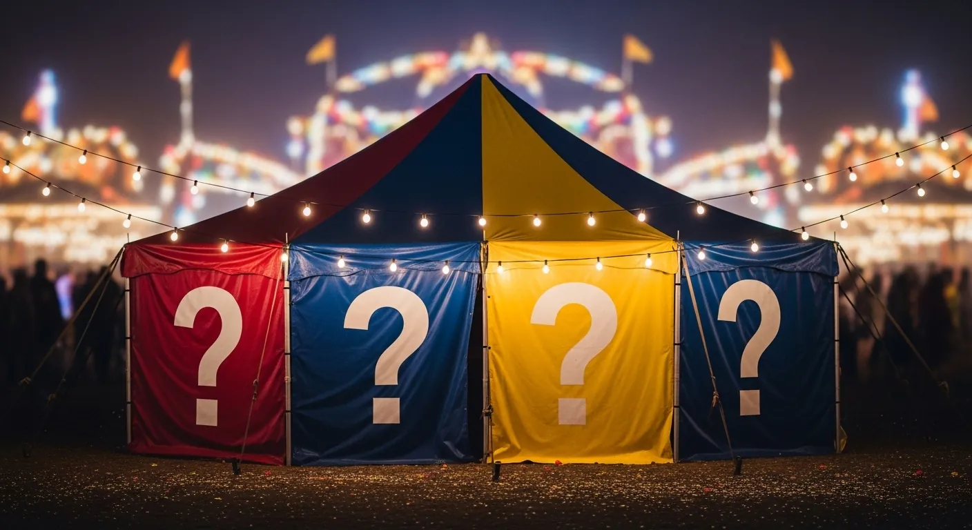 A multicolored festival tent with white question marks on it.
