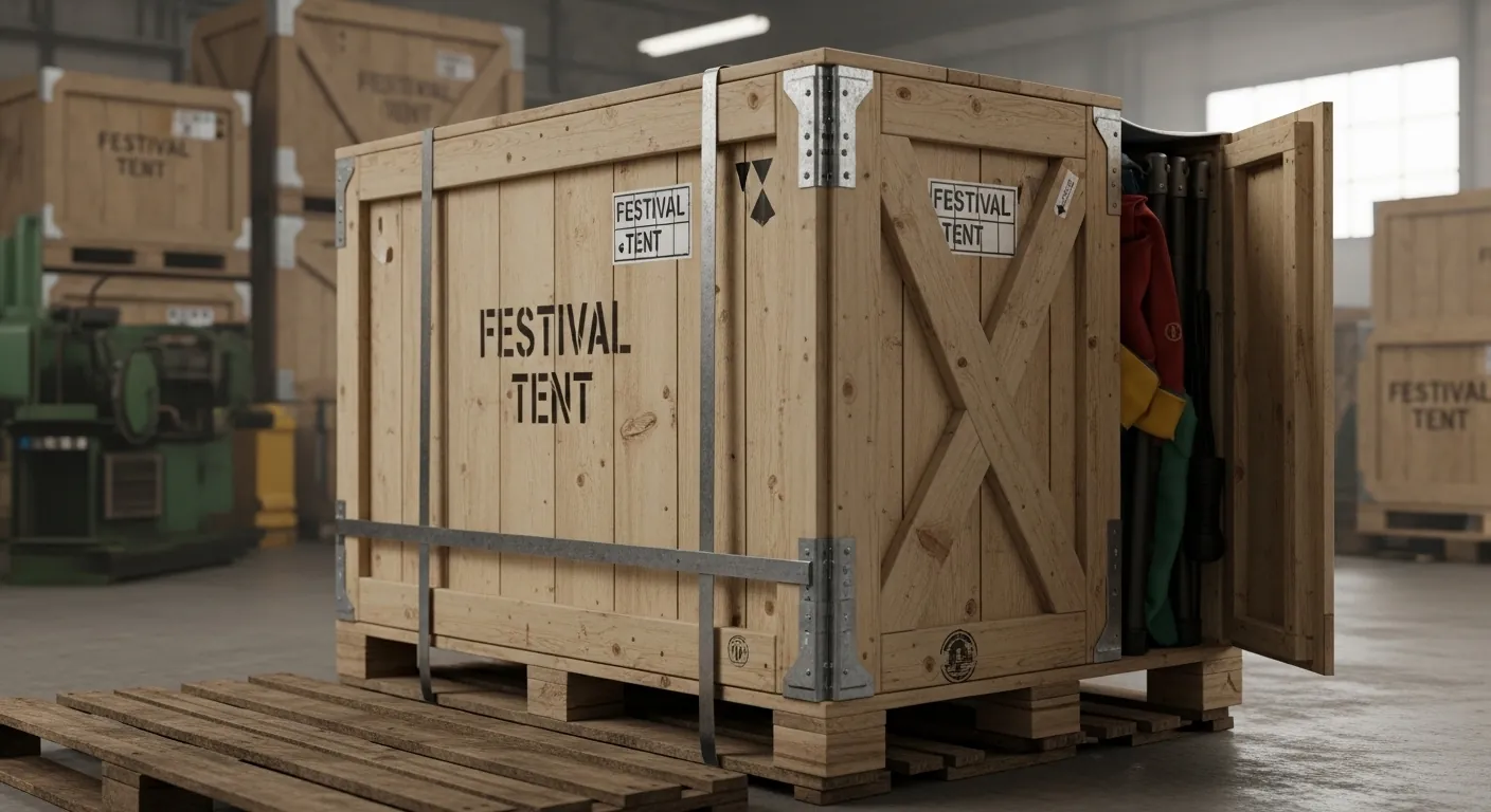 An AI image of festival tent crated for freight shipping