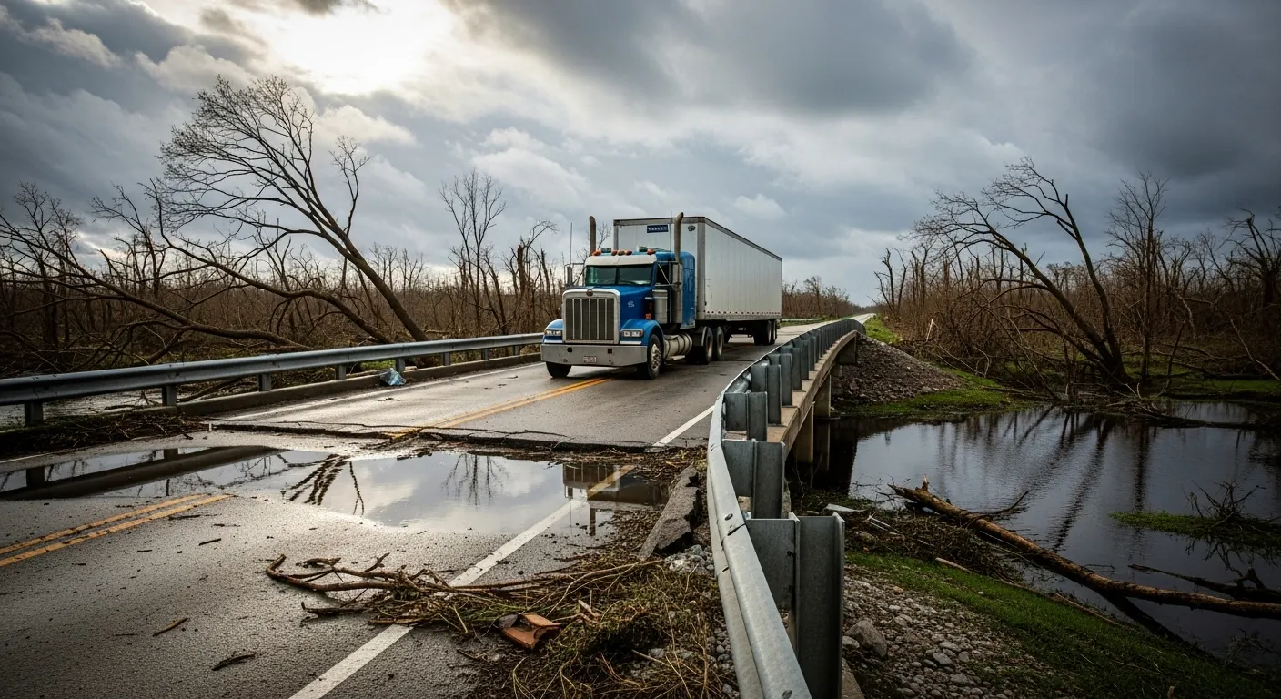 A truck driving over a bridge after a storm.
