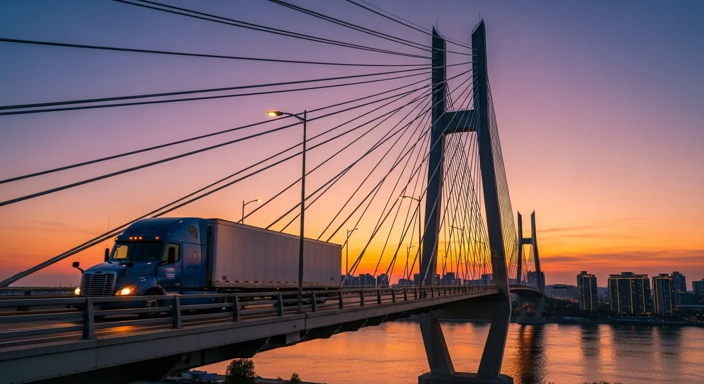 A truck crossing a bridge at dusk
