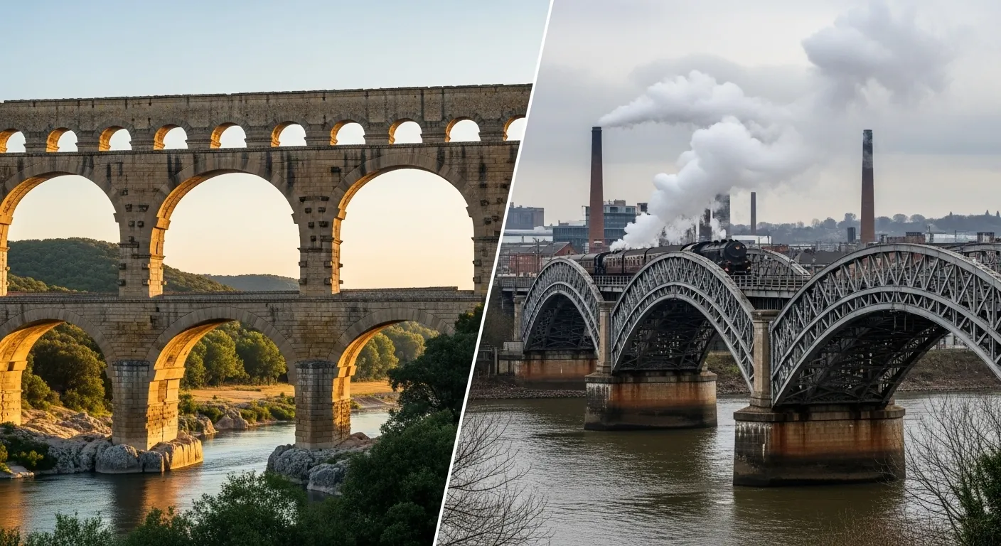 AI Image of a bridge from the Roman Empire and a bridge from the Industrial Revolution