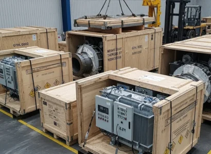 Power generation equipment packaged in separate wooden crates
