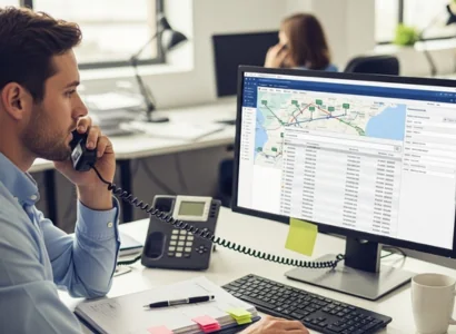 A freight agent on the phone and tracking a shipment