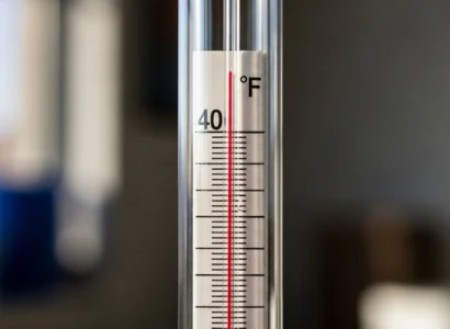 A thermometer showing 40 degrees Fahrenheit