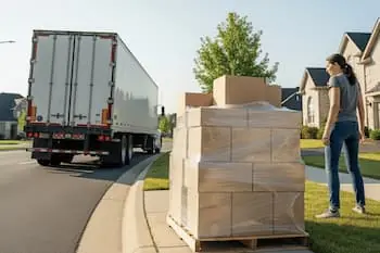 woman standing next to a pallet in front of her home