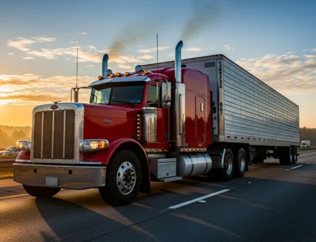 A red freight truck on the highway