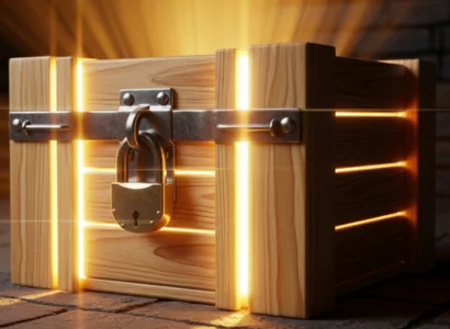 A wooden crate that is locked and shining from the inside out