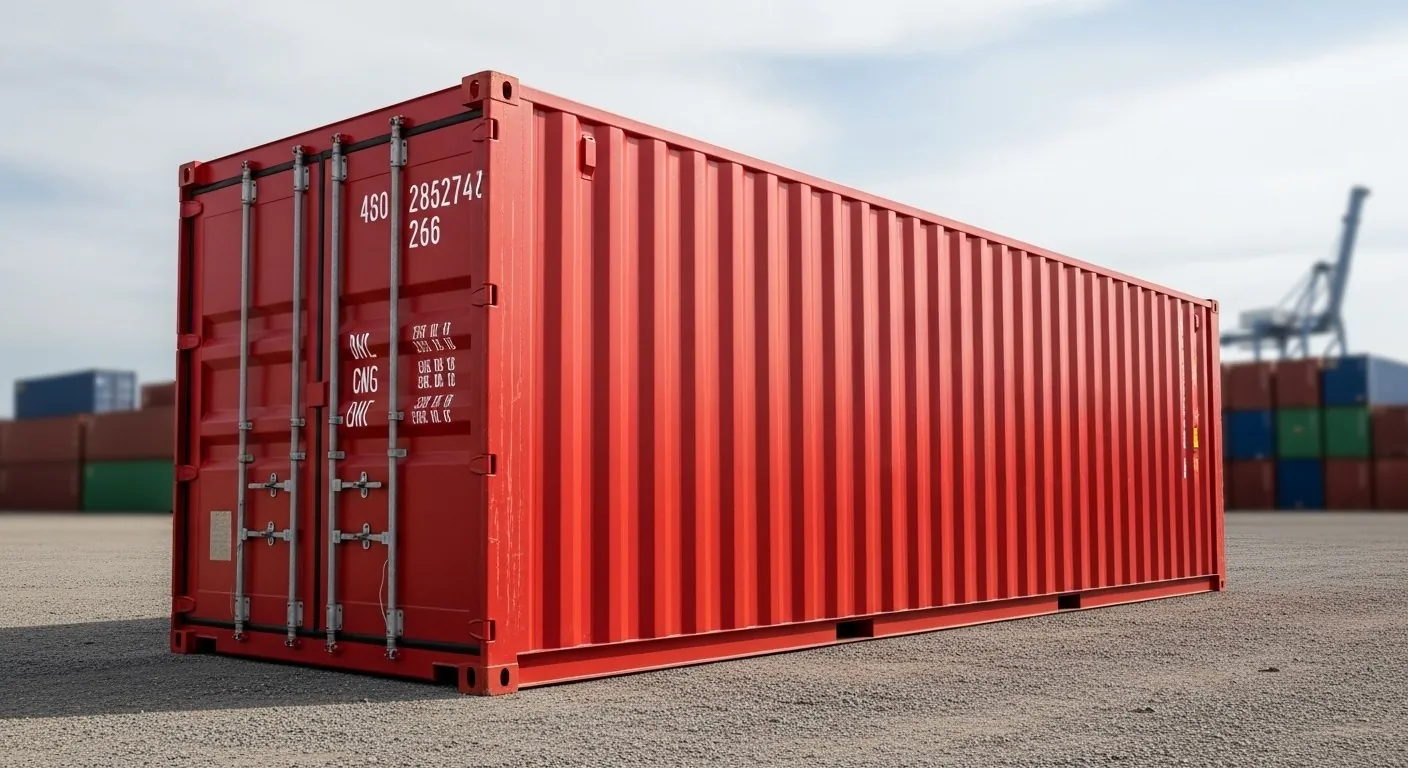 A red empty shipping container