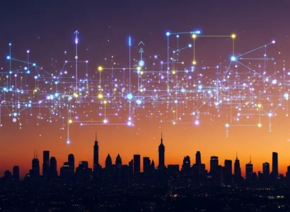 A landscape of a city at dusk with a glowing connection of arrows and dots