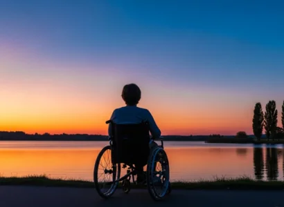 Person in a wheelchair looking out at the dusk