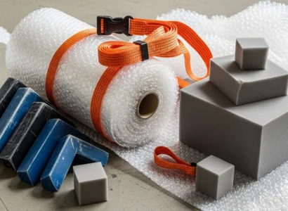 Packaging materials like bubble wrap, foam, and straps.