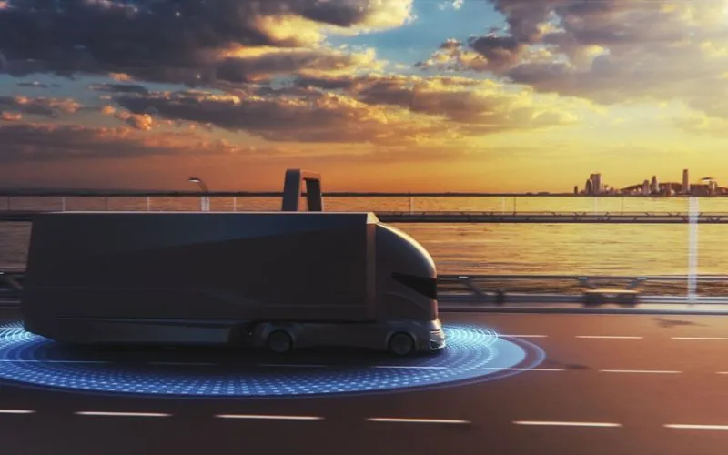 Autonomous Self-Driving Lorry Truck with Cargo Trailer Drives on the Road with Scanning Sensors