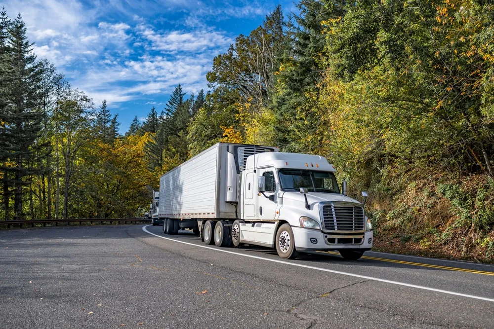 The History and Impact of Cold Chain Logistics white reefer truck driving down highway in a forested area on a sunny day