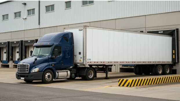 The Warehouse Tour navy blue semi trailer truck parked in front of a loading dock