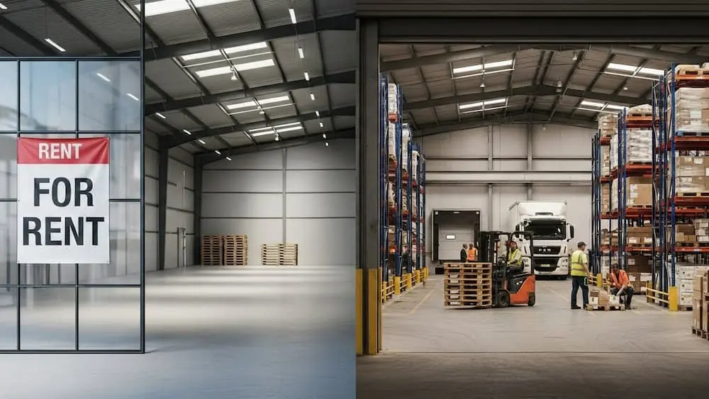The Warehouse Tour two images side by side of a warehouse space for rent and a warehouse filled with workers and inventory