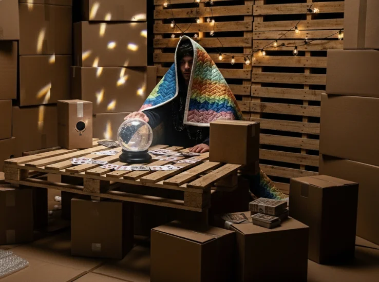 Are Your Shipments Ready for Peak Season man covered with a rainbow blanet peering into crystal ball on stacked pallets in a cardboard and pallet walled room