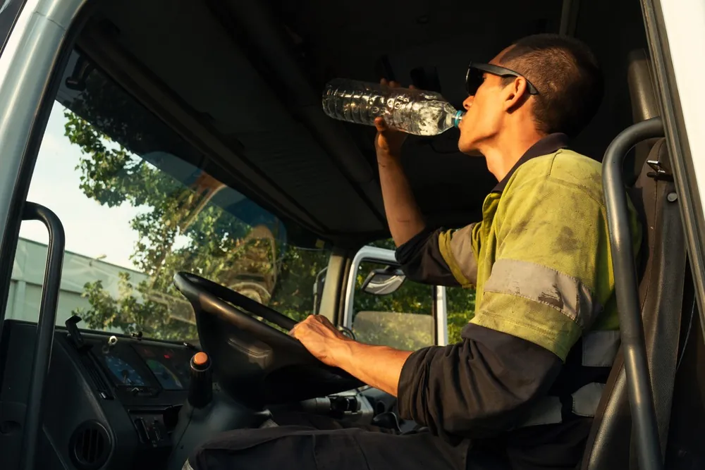 Trucker Tips For Healthier Living trucker drinking water in his cab