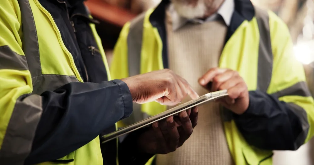 logistics workers looking at tablet