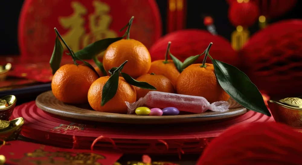 chinese new year plate of mandarin oranges and candy for lunar new year